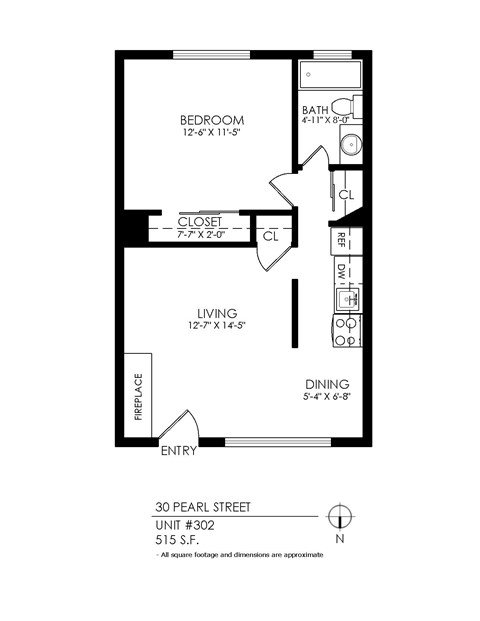 Floor plan for 1 bed, 1 bath, 515 sqft